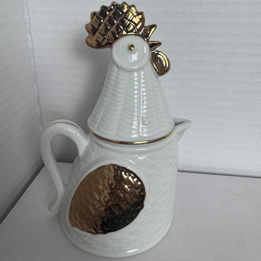 Vintage White Ceramic Rooster Teapot 18K Gold Decorated Farmhouse Creamer 5in